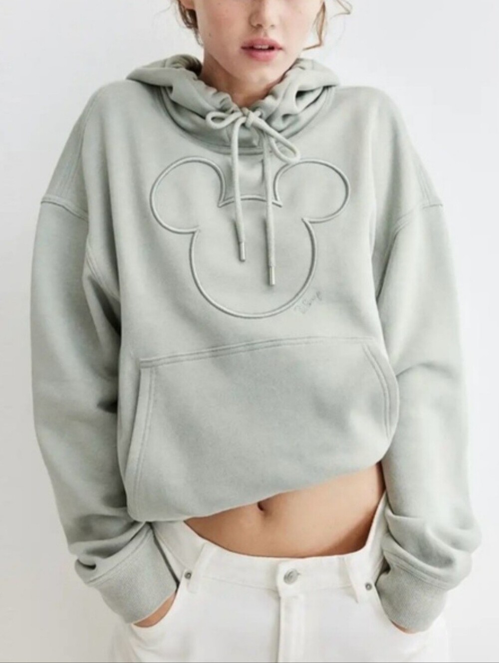 H&M Women's Size XL sage green pullover hoodie embroidered Mickey Mouse ear